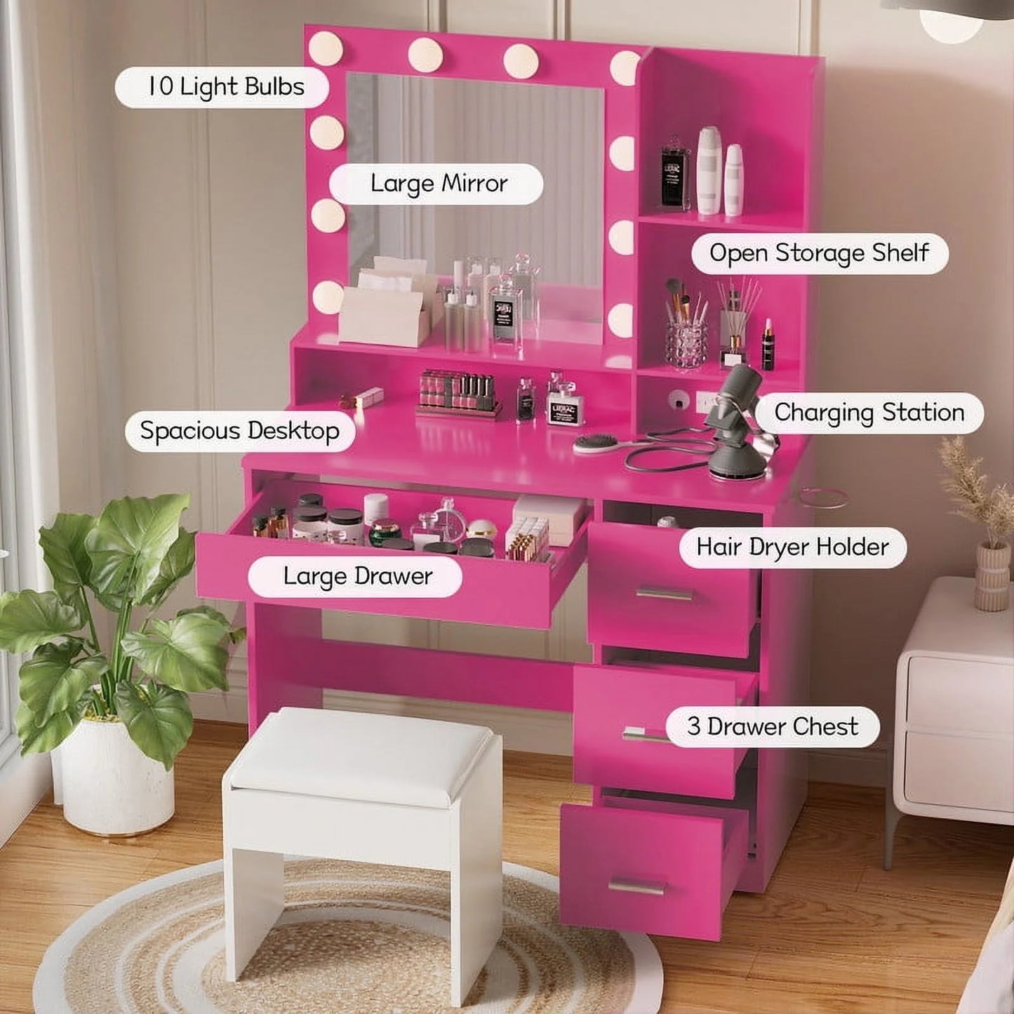 Furmax Vanity Desk with Lights and Mirror Makeup Vanity Table Set with Drawer and Power Outlet
