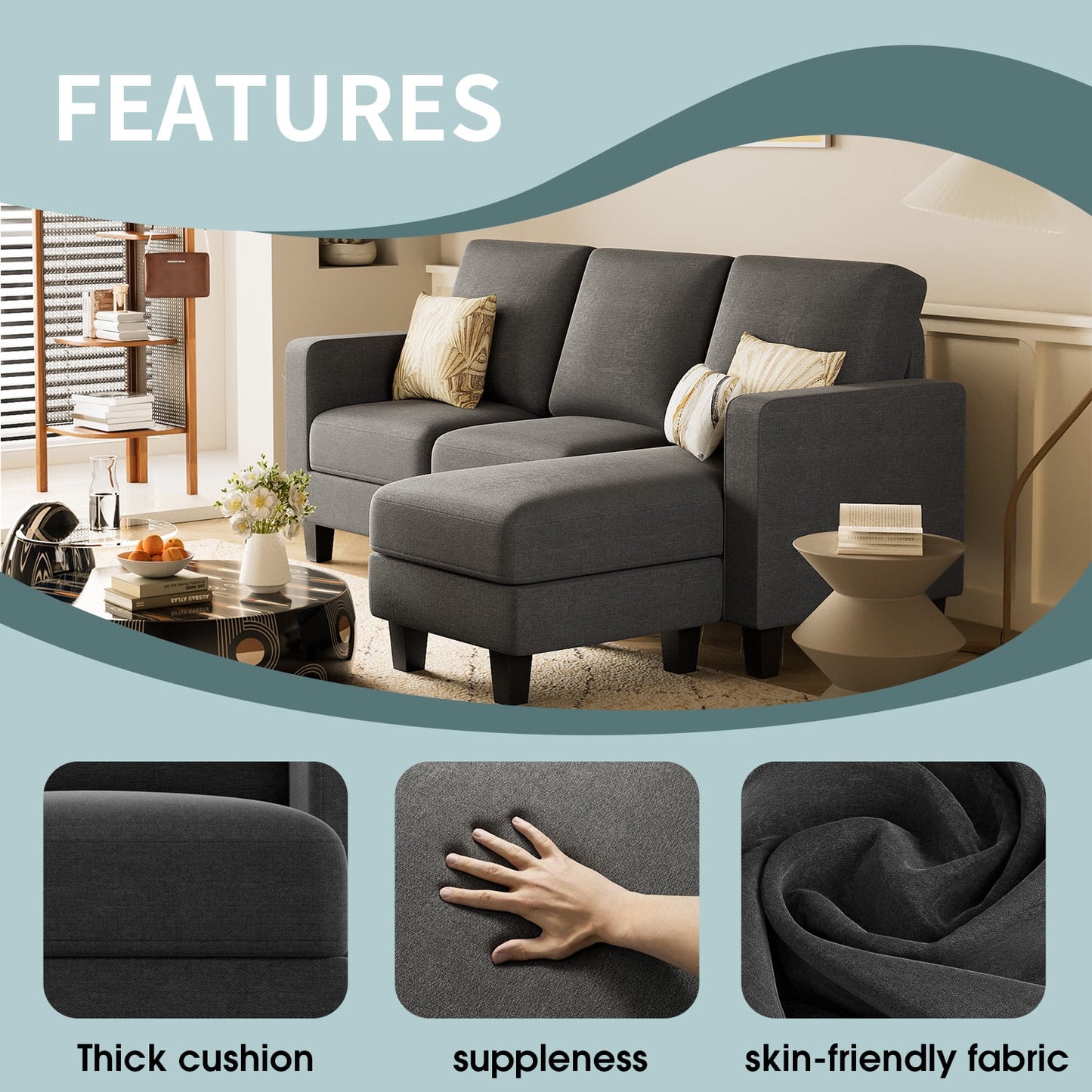 Furmax L-Shaped Sofa Convertible Sectional Sofa 3-Seater Sofa Set with Reversible Chair Linen Fabric Sofa