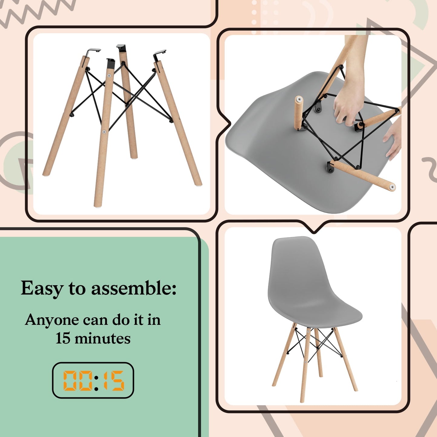 Furmax Pre Assembled Style Mid Century Modern DSW Shell Lounge Plastic Kitchen, Dining, Bedroom, Living Room Side Chairs Set of 4