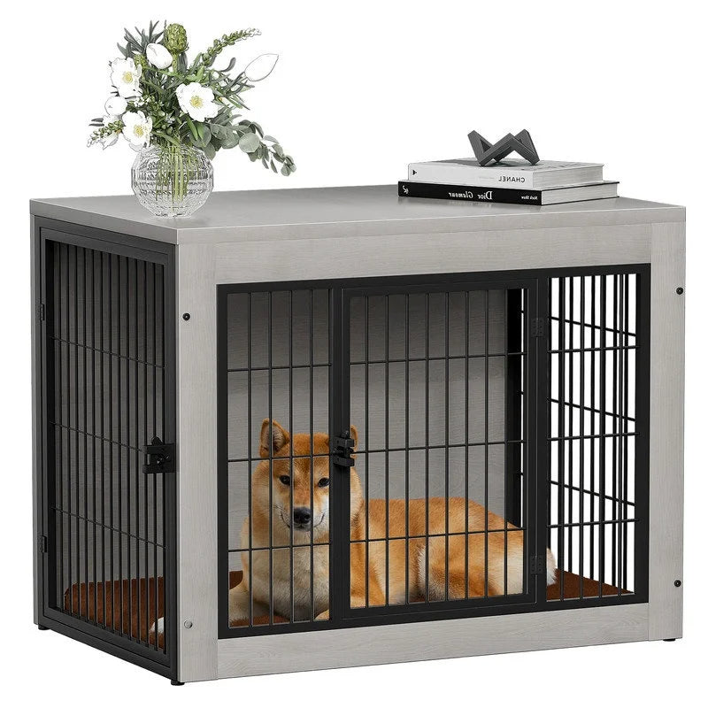 Furmax Wooden Indoor Dog Crate Furniture Double Doors Dog Crate with Thick Cushion