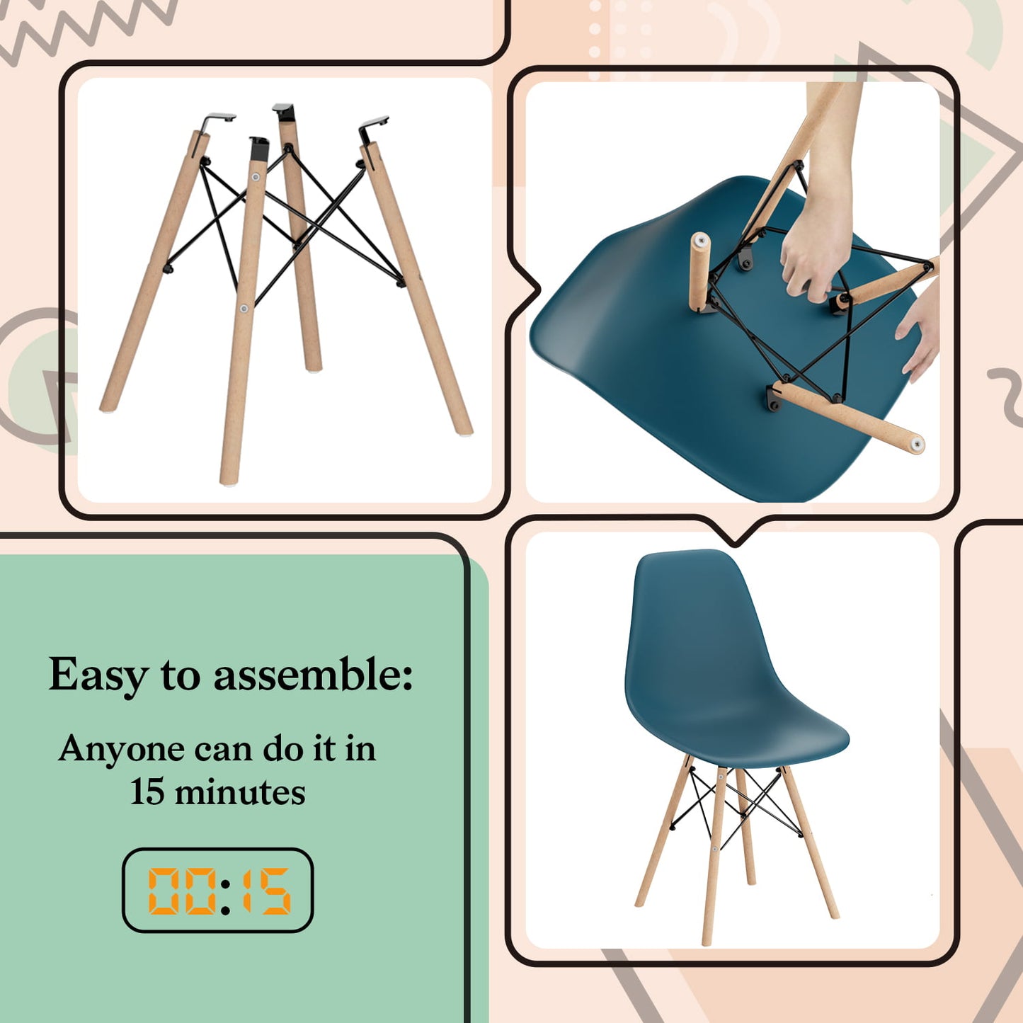Furmax Pre Assembled Style Mid Century Modern DSW Shell Lounge Plastic Kitchen, Dining, Bedroom, Living Room Side Chairs Set of 4