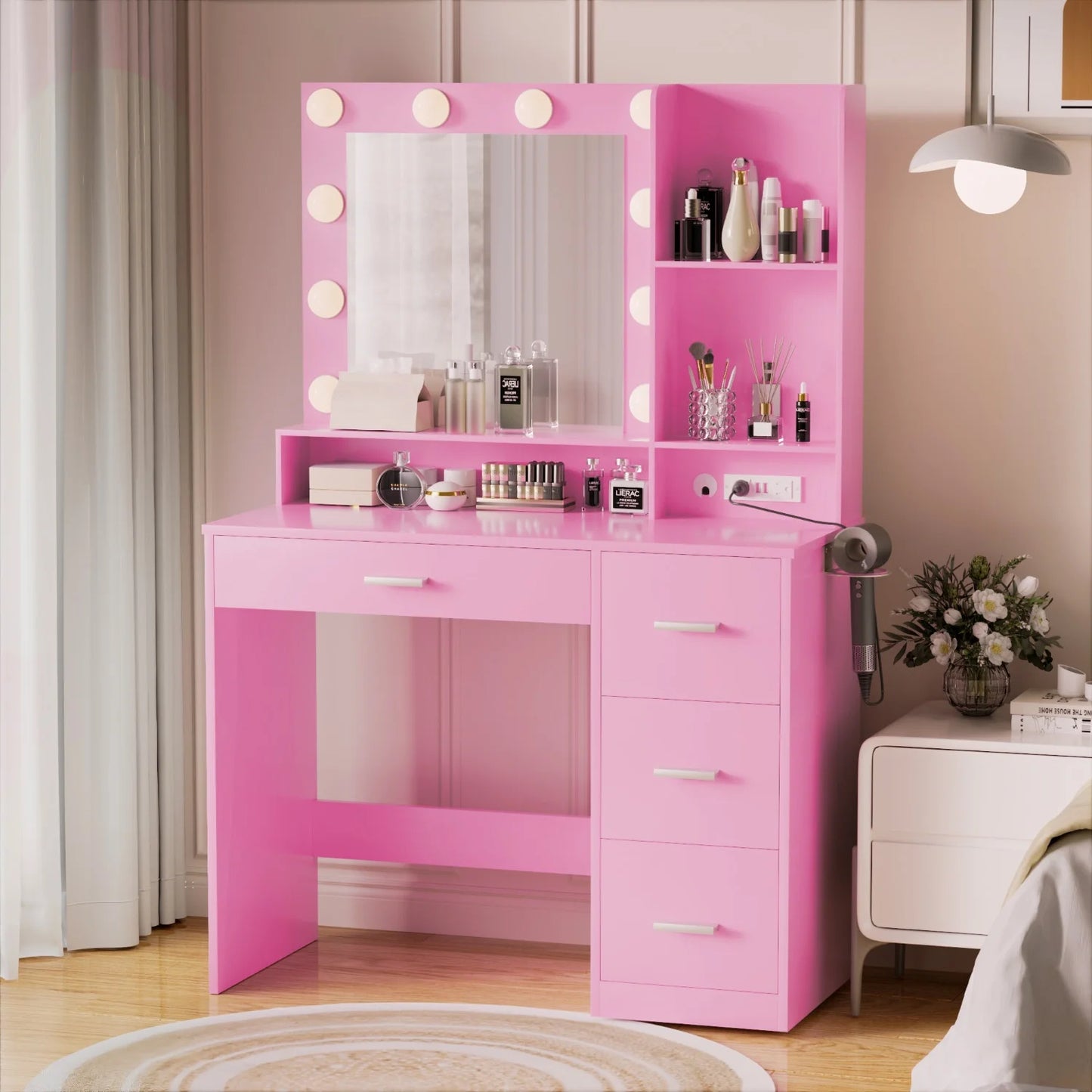 Furmax Vanity Desk with Lights and Mirror Makeup Vanity Table Set with Drawer and Power Outlet