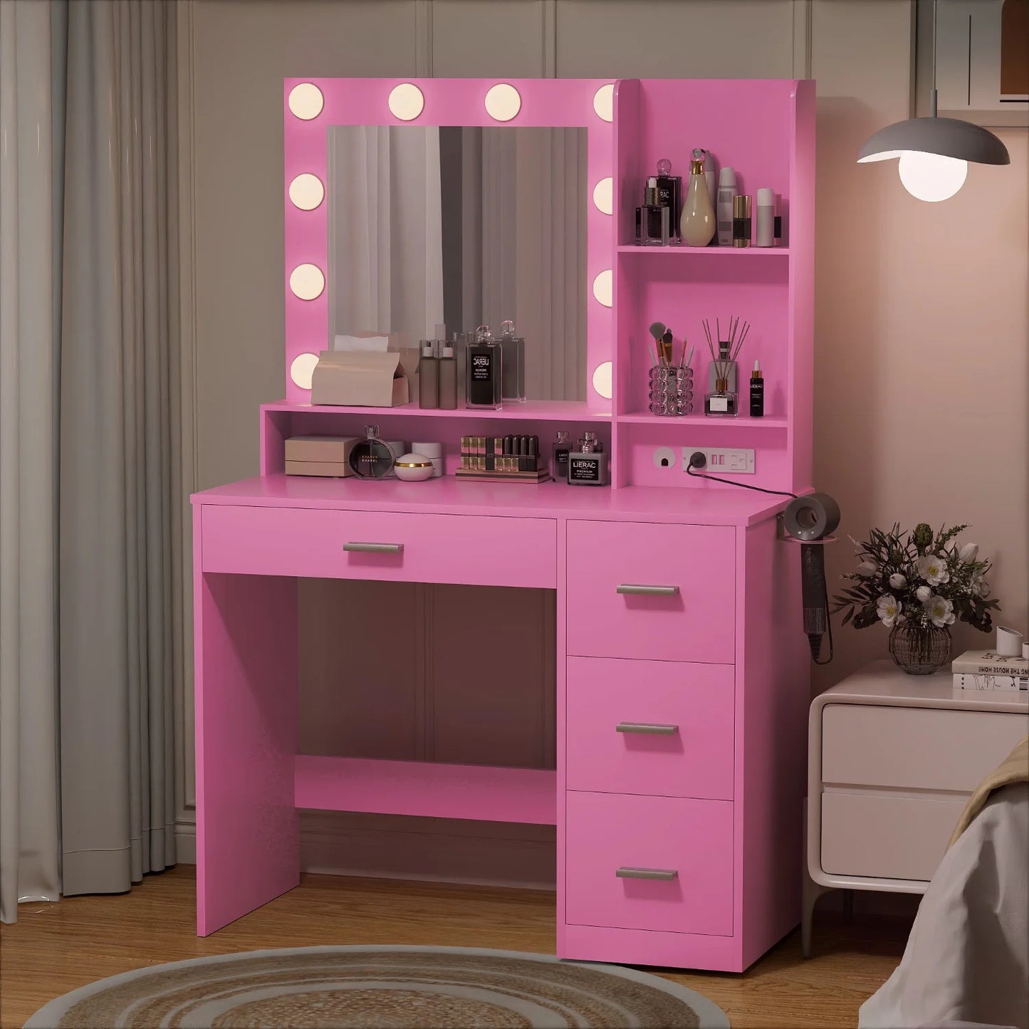 Furmax Vanity Desk with Lights and Mirror Makeup Vanity Table Set with Drawer and Power Outlet
