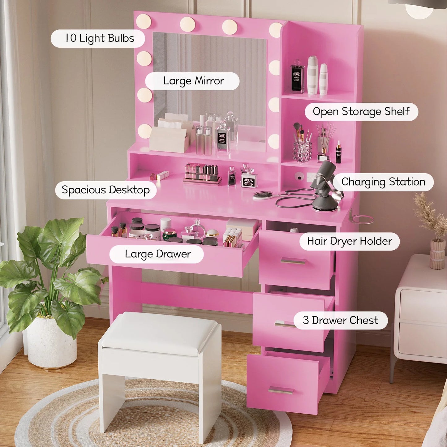 Furmax Vanity Desk with Lights and Mirror Makeup Vanity Table Set with Drawer and Power Outlet