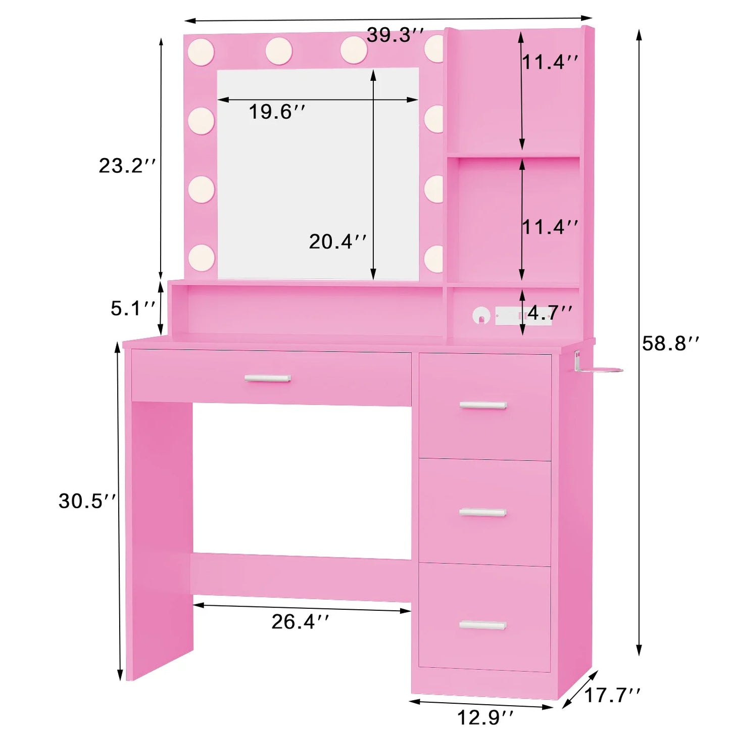 Furmax Vanity Desk with Lights and Mirror Makeup Vanity Table Set with Drawer and Power Outlet