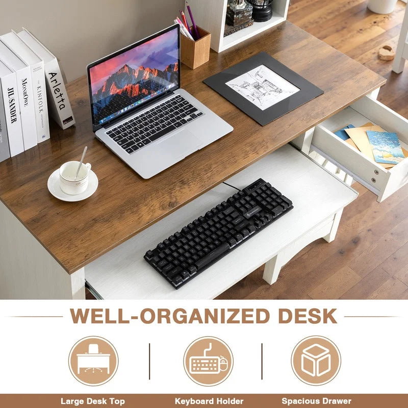 Furmax Computer Desk with Hutch, Bookshelf, Storage, Drawer for Small Spaces, Home Office Writing Table, Student Study Laptop Workstation, Wood Desk Bookcase Combination,White