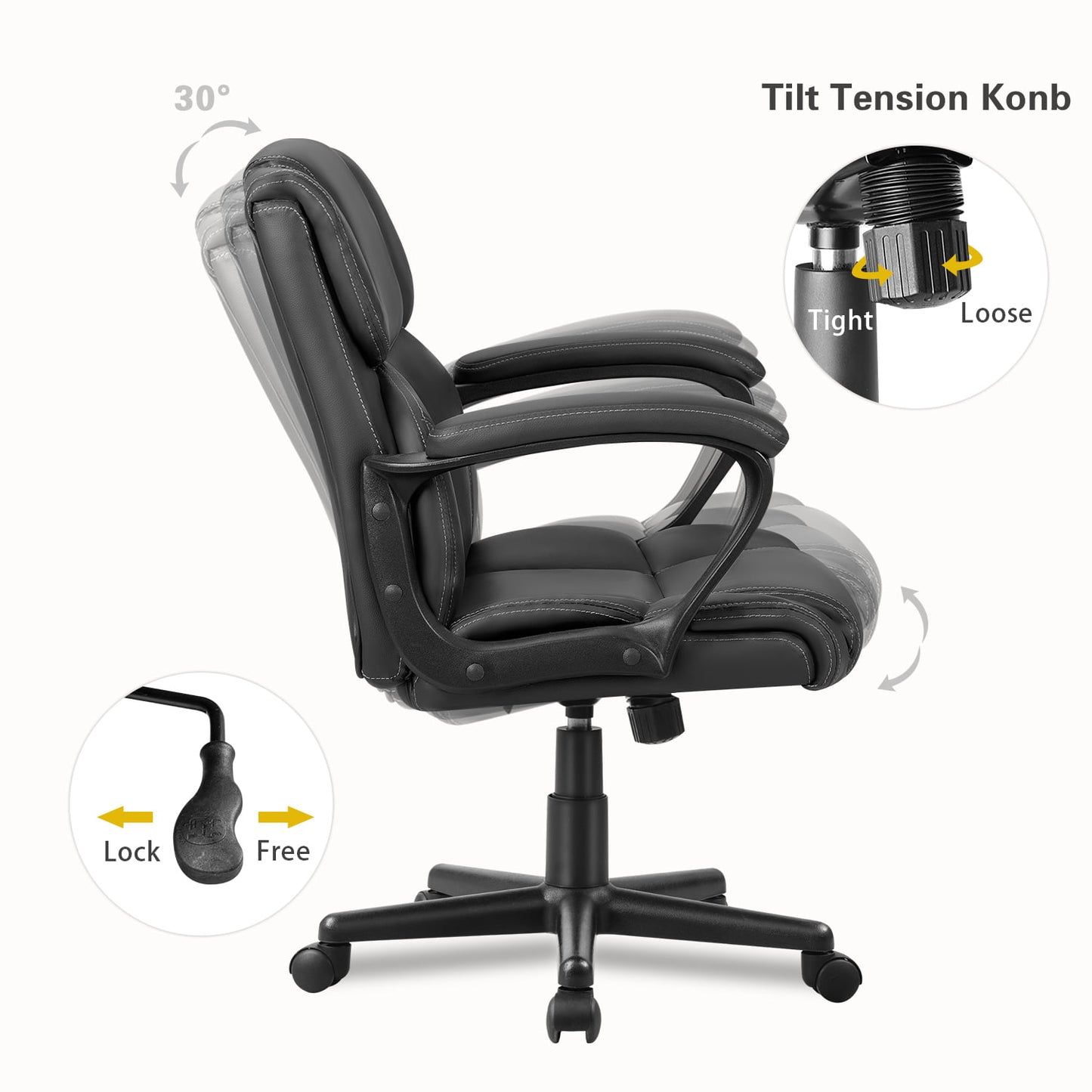 Furmax Mid Back Executive Office Swivel Computer Task Armrests Ergonomic Leather-Padded Desk Chair with Lumbar Support