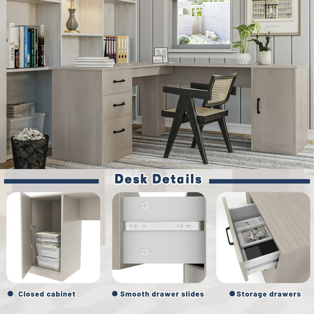 Furmax L Shaped Desk Corner Office Desk Computer Desk with Storage Cabinet & Drawers