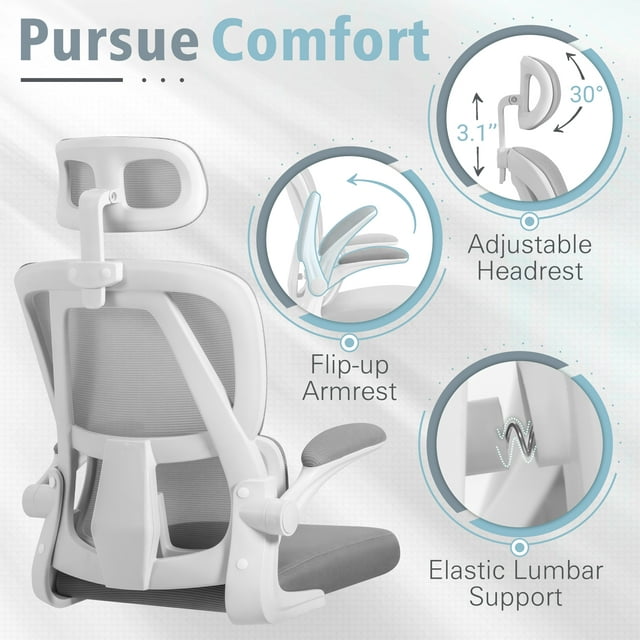Furmax Ergonomic Office Chair Mesh Office Chair with Adjustable Headrest & Flip-Up Arms, Swivel Computer Task Chair with Lumbar Support