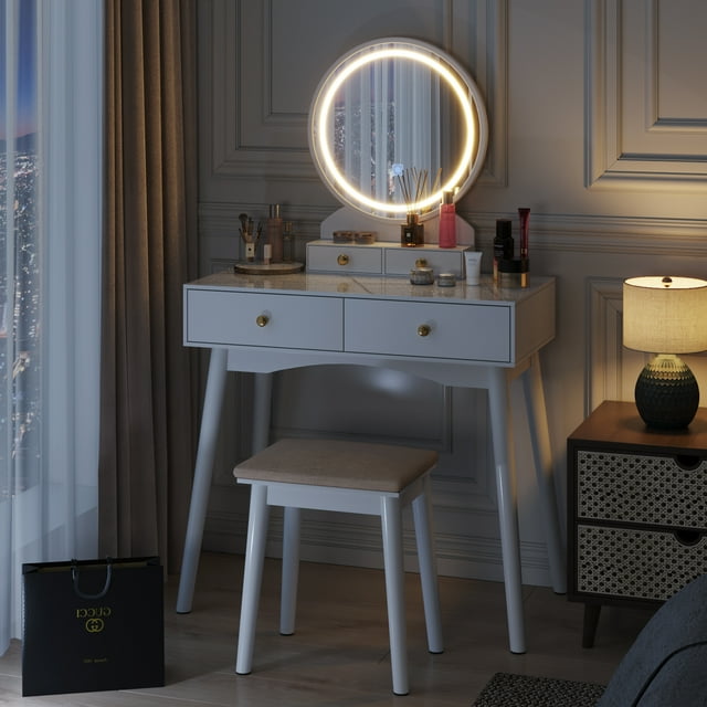 Furmax Vanity Table with Lighted Mirror, Vanity Desk with Stool, Dressing Table with 4 Drawers, Makeup Vanity Set