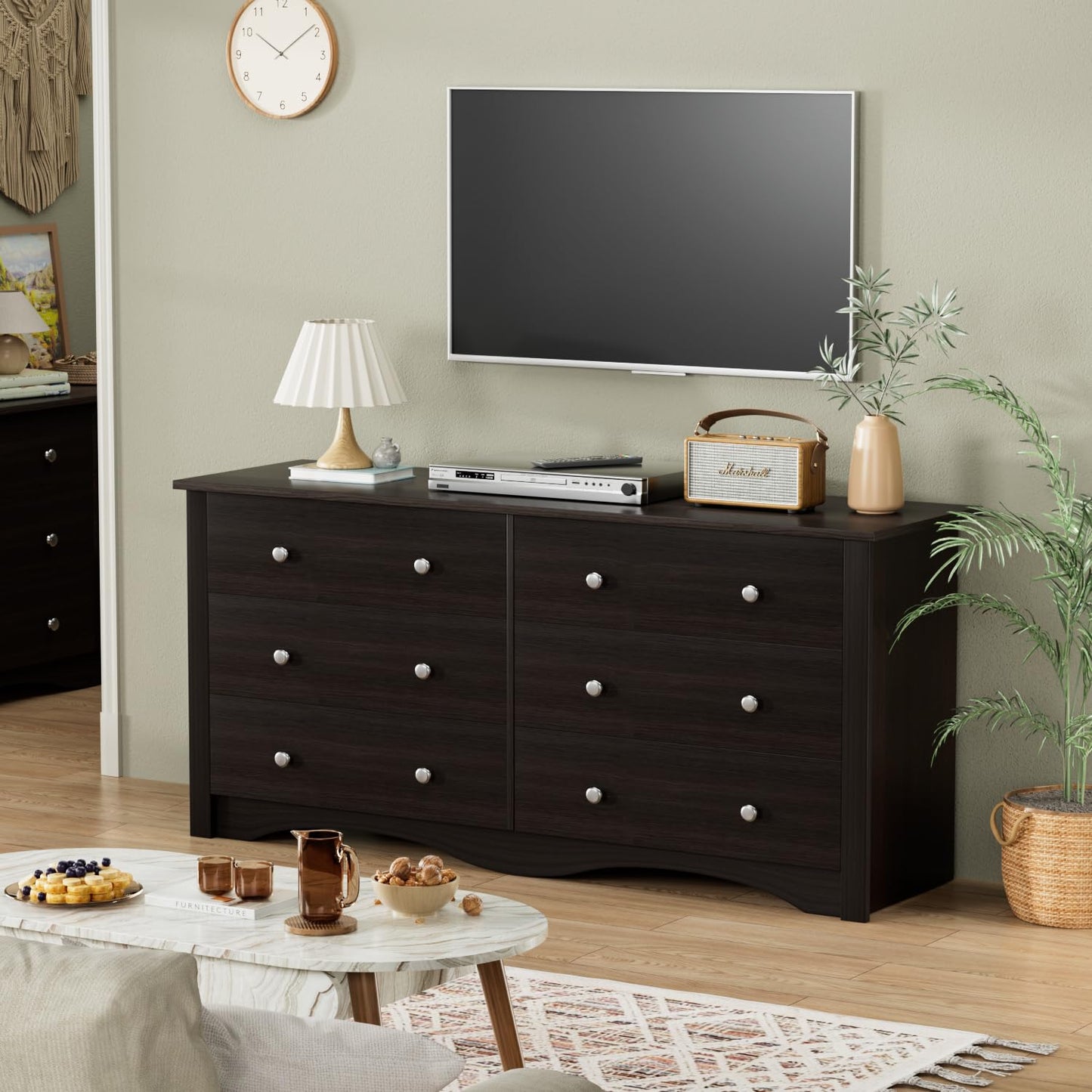 Furmax 6 Drawer Double Dresser, Wide Wood Chest Of Drawers Storage Tower Storage for Living Room Bedroom