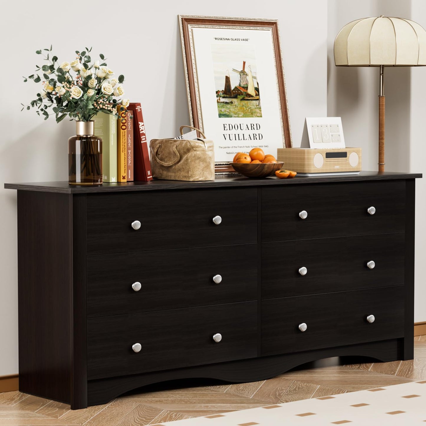 Furmax 6 Drawer Double Dresser, Wide Wood Chest Of Drawers Storage Tower Storage for Living Room Bedroom