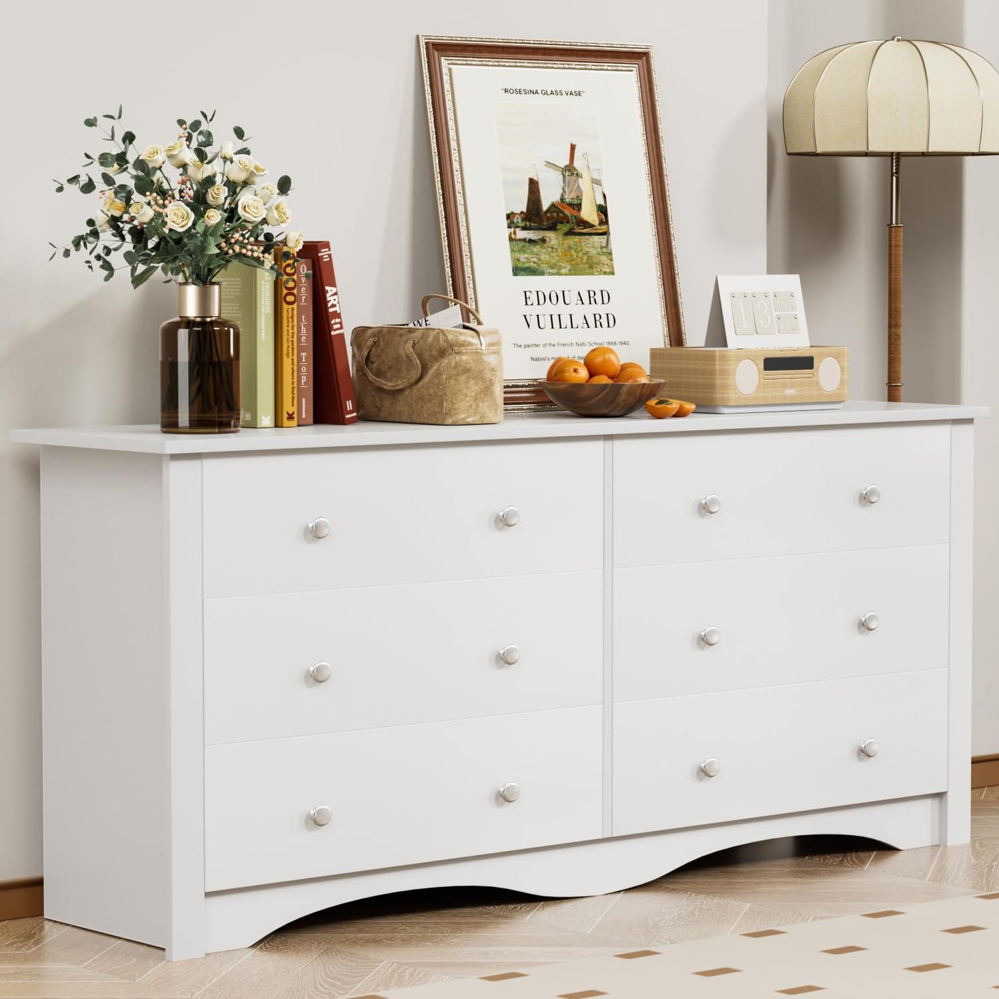 Furmax 6 Drawer Double Dresser, Wide Wood Chest Of Drawers Storage Tower Storage for Living Room Bedroom