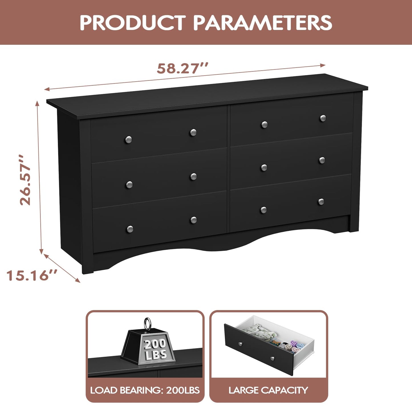 Furmax 6 Drawer Double Dresser, Wide Wood Chest Of Drawers Storage Tower Storage for Living Room Bedroom