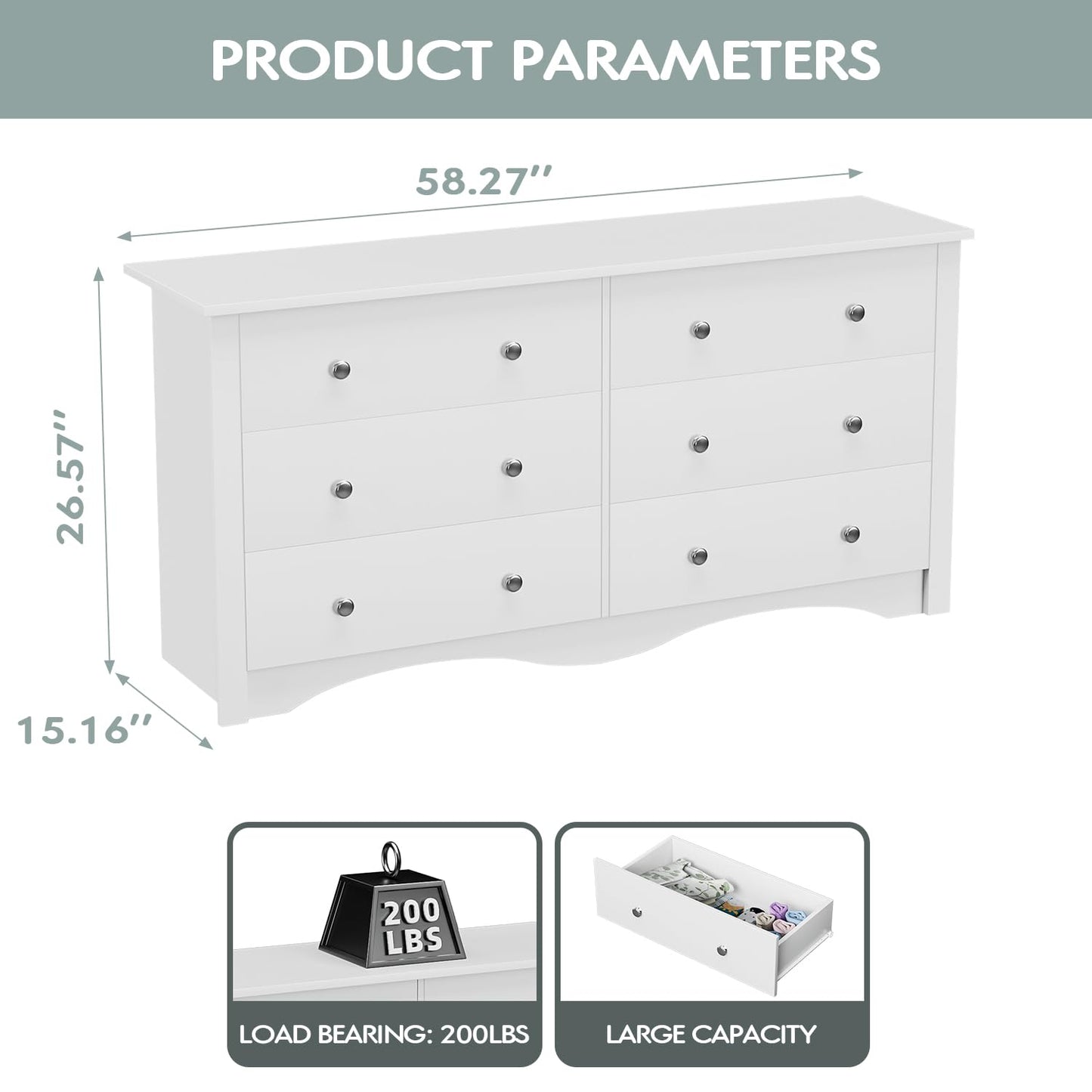 Furmax 6 Drawer Double Dresser, Wide Wood Chest Of Drawers Storage Tower Storage for Living Room Bedroom