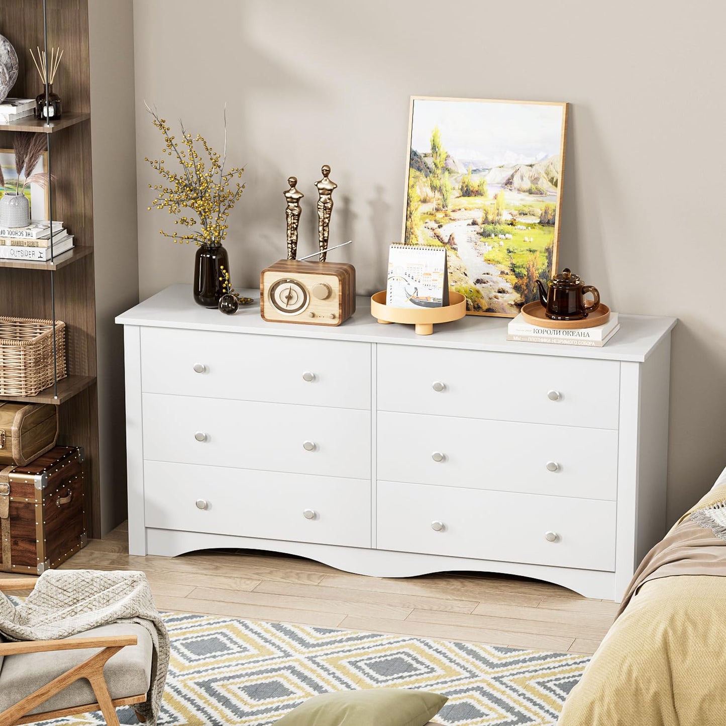 Furmax 6 Drawer Double Dresser, Wide Wood Chest Of Drawers Storage Tower Storage for Living Room Bedroom