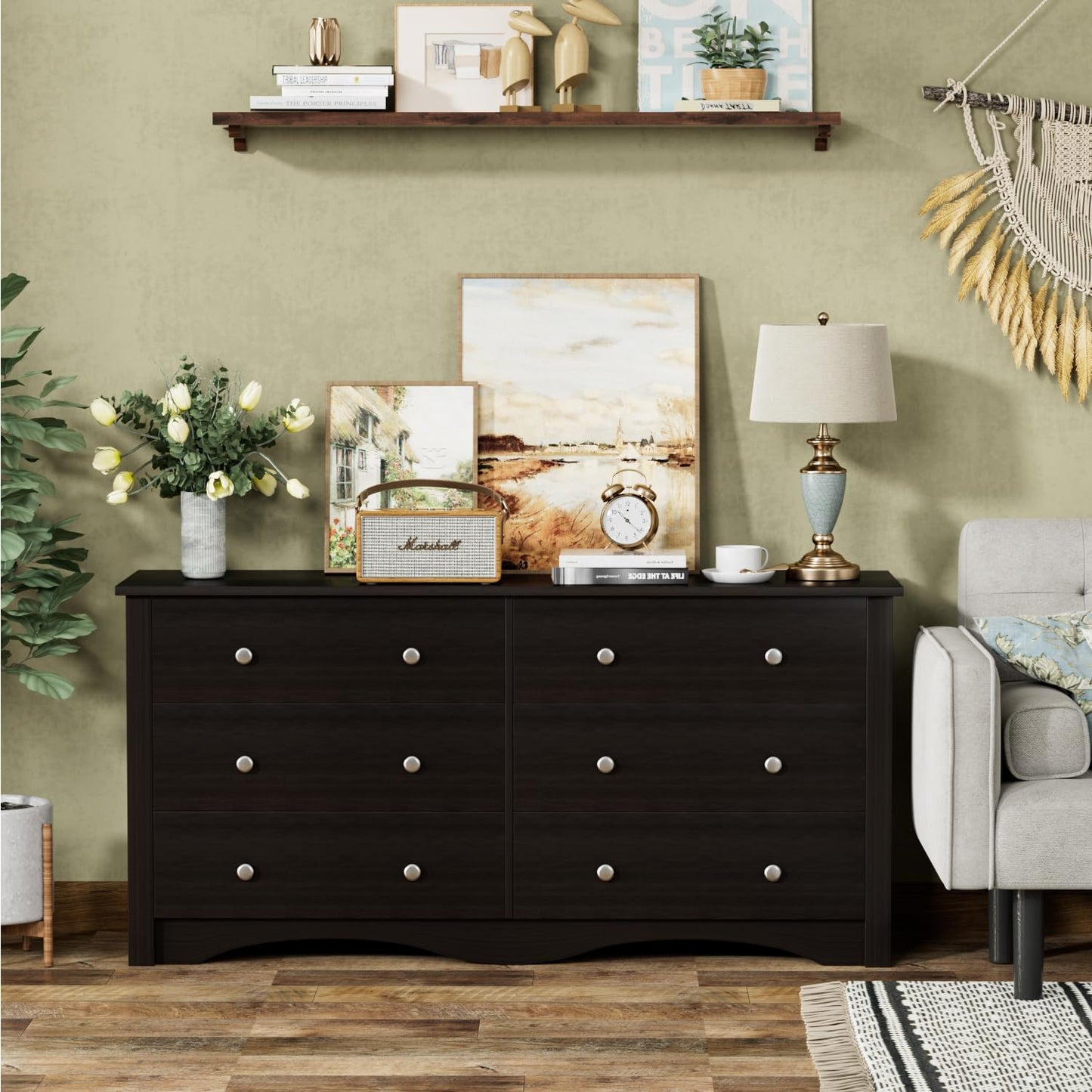 Furmax 6 Drawer Double Dresser, Wide Wood Chest Of Drawers Storage Tower Storage for Living Room Bedroom