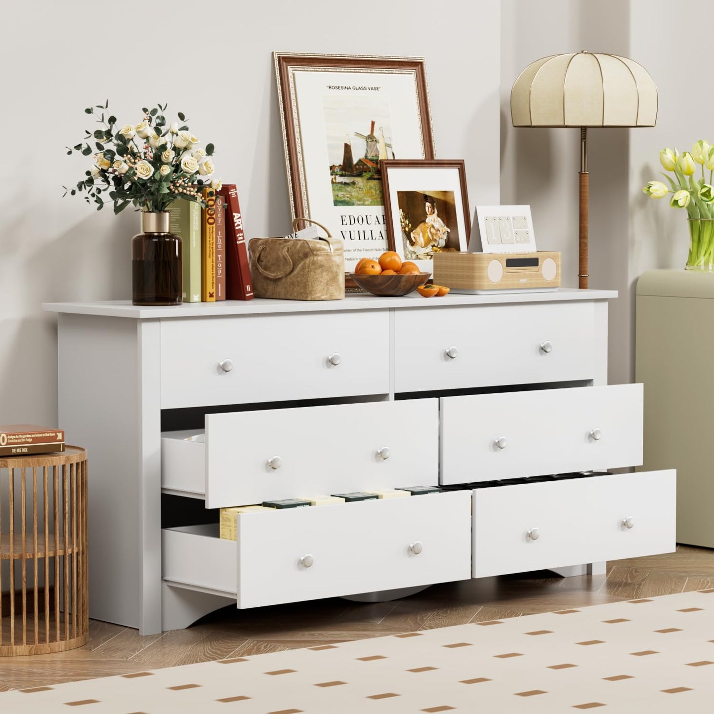Furmax 6 Drawer Double Dresser, Wide Wood Chest Of Drawers Storage Tower Storage for Living Room Bedroom