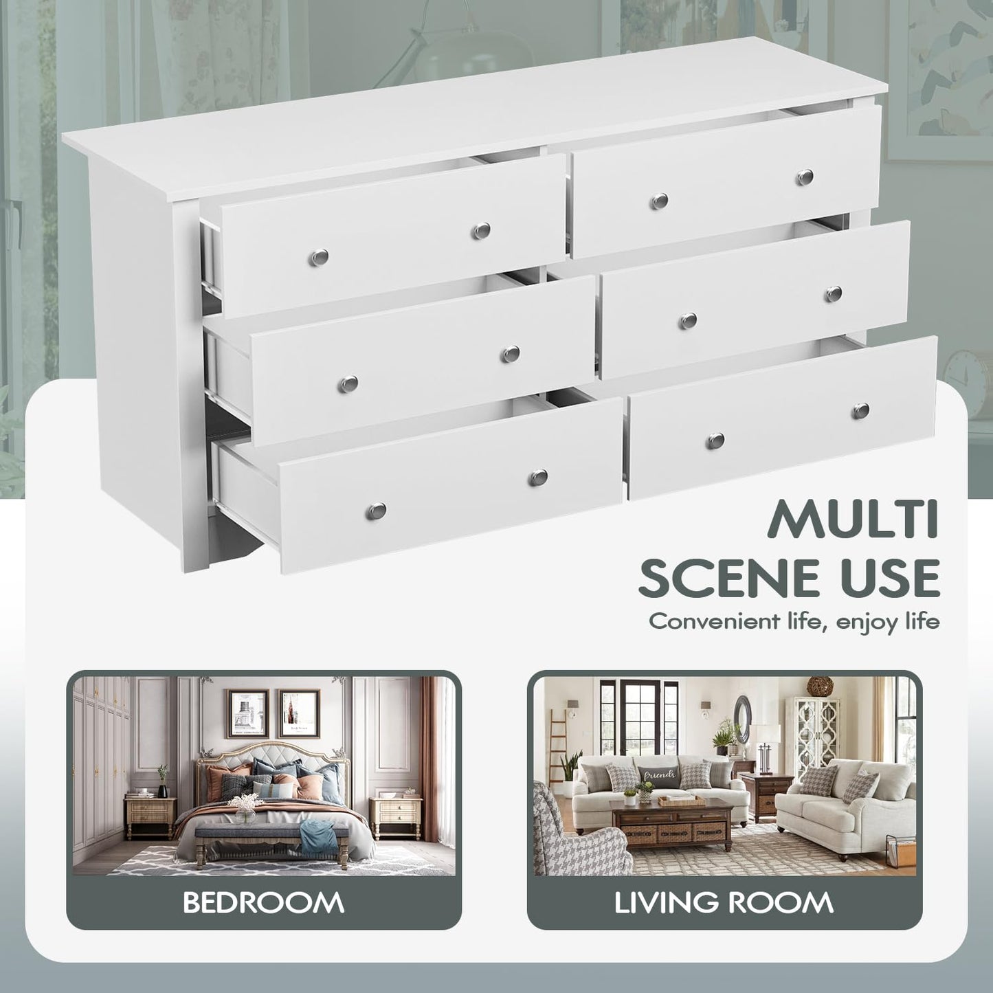 Furmax 6 Drawer Double Dresser, Wide Wood Chest Of Drawers Storage Tower Storage for Living Room Bedroom