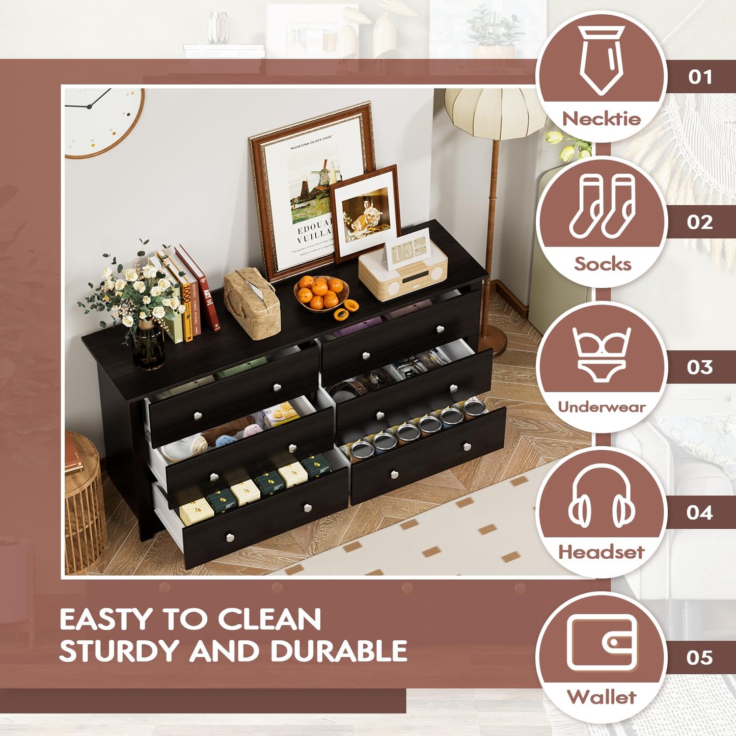 Furmax 6 Drawer Double Dresser, Wide Wood Chest Of Drawers Storage Tower Storage for Living Room Bedroom
