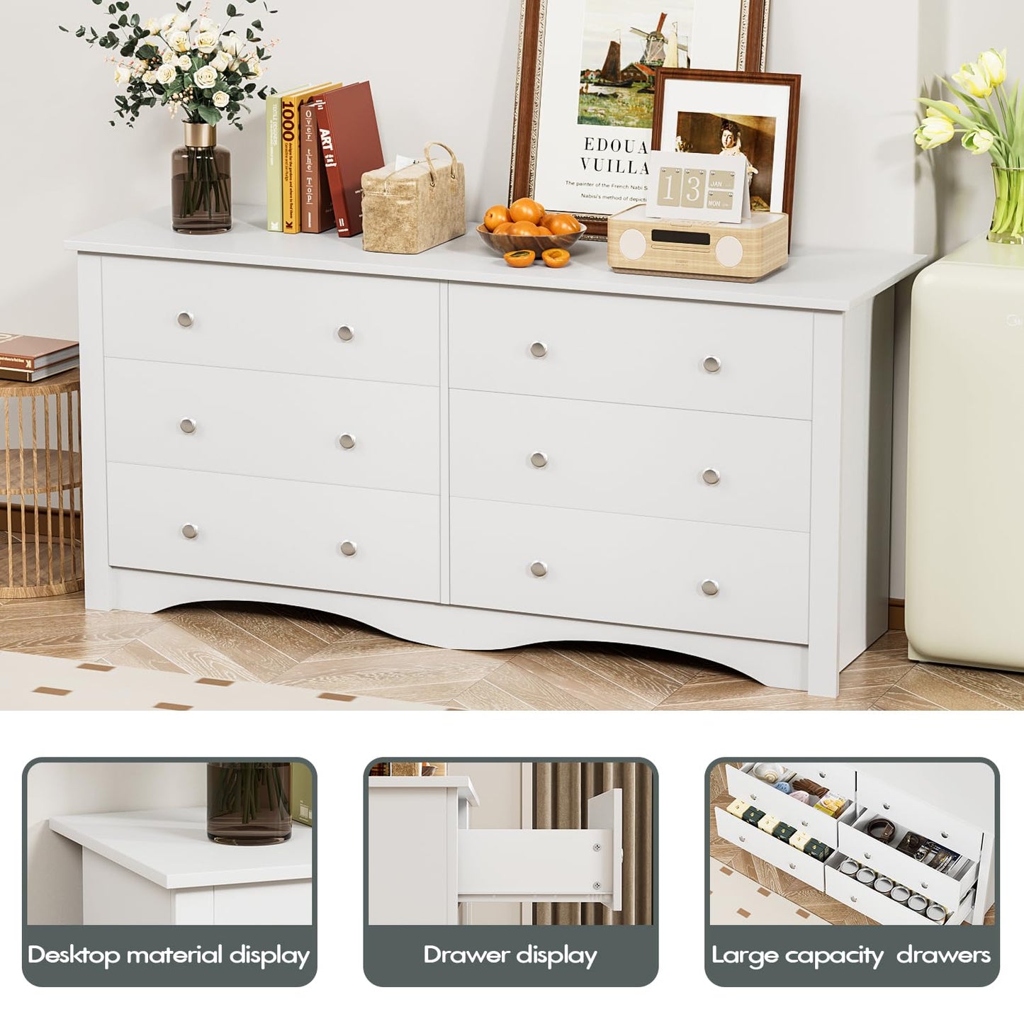 Furmax 6 Drawer Double Dresser, Wide Wood Chest Of Drawers Storage Tower Storage for Living Room Bedroom