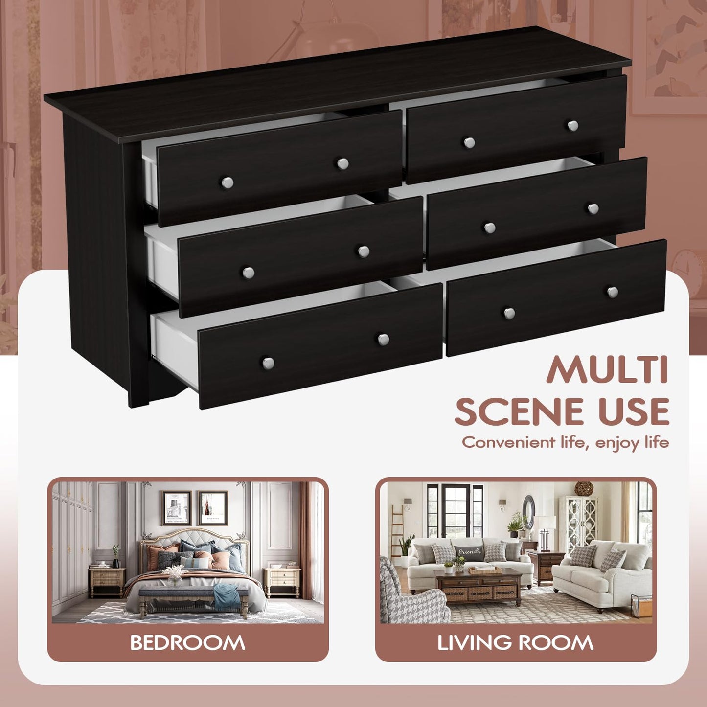 Furmax 6 Drawer Double Dresser, Wide Wood Chest Of Drawers Storage Tower Storage for Living Room Bedroom