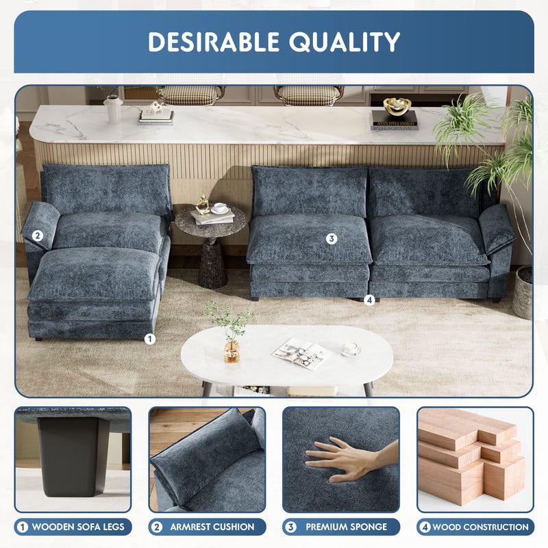 Furmax Sectional Sofa with 2 Movable Ottomans for Living Room, Fabric Convertible Modular Couch