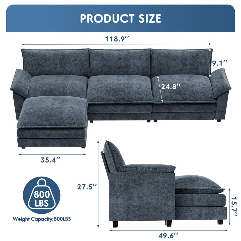 Furmax Sectional Sofa with 2 Movable Ottomans for Living Room, Fabric Convertible Modular Couch