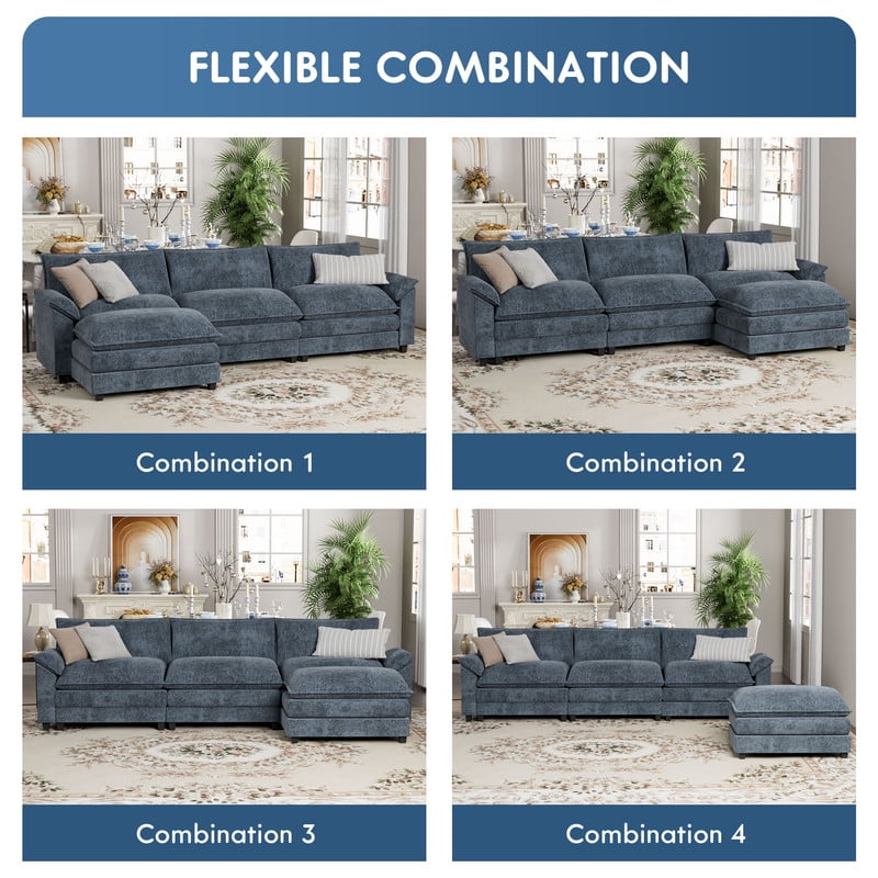 Furmax Sectional Sofa with 2 Movable Ottomans for Living Room, Fabric Convertible Modular Couch
