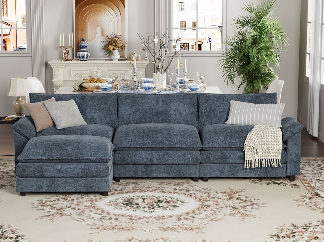 Furmax Sectional Sofa with 2 Movable Ottomans for Living Room, Fabric Convertible Modular Couch