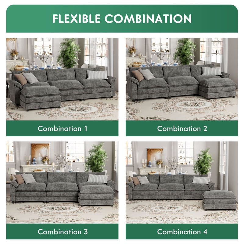 Furmax Sectional Sofa with 2 Movable Ottomans for Living Room, Fabric Convertible Modular Couch