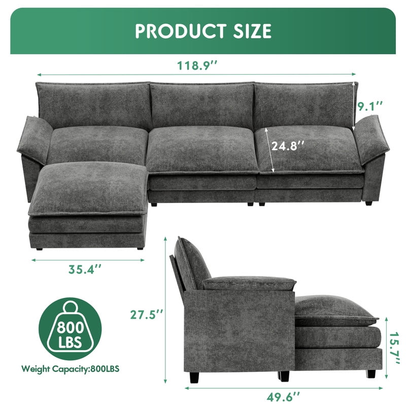 Furmax Sectional Sofa with 2 Movable Ottomans for Living Room, Fabric Convertible Modular Couch