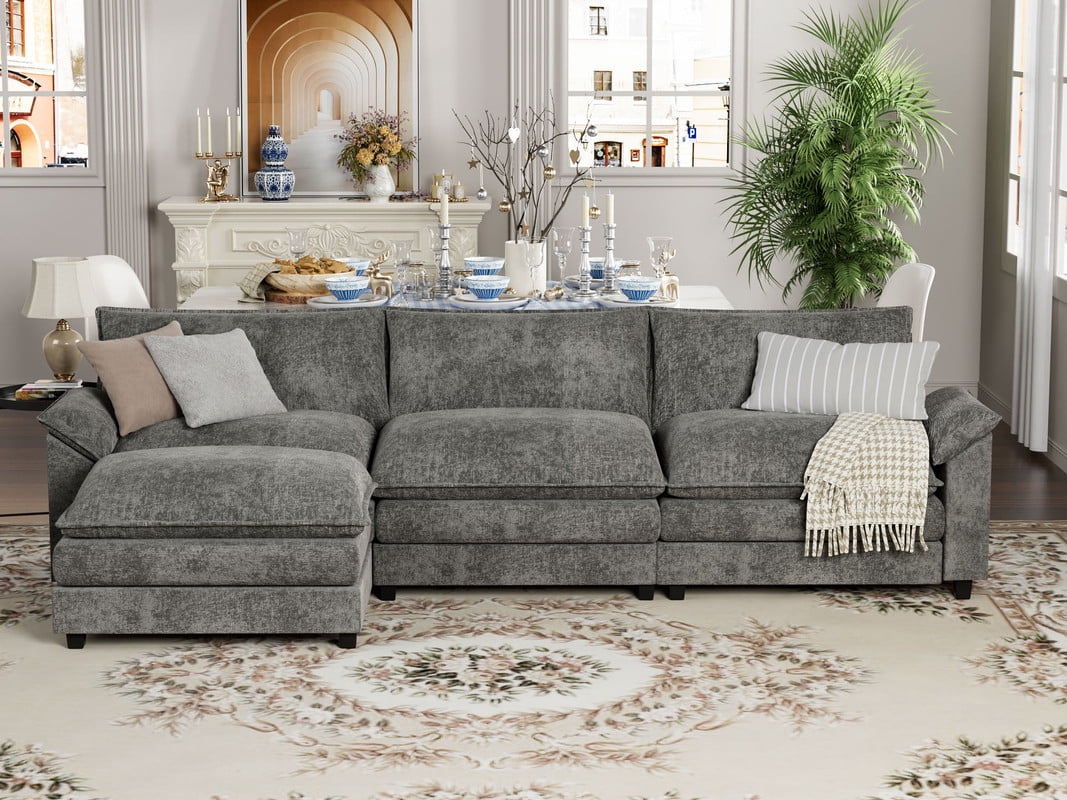 Furmax Sectional Sofa with 2 Movable Ottomans for Living Room, Fabric Convertible Modular Couch