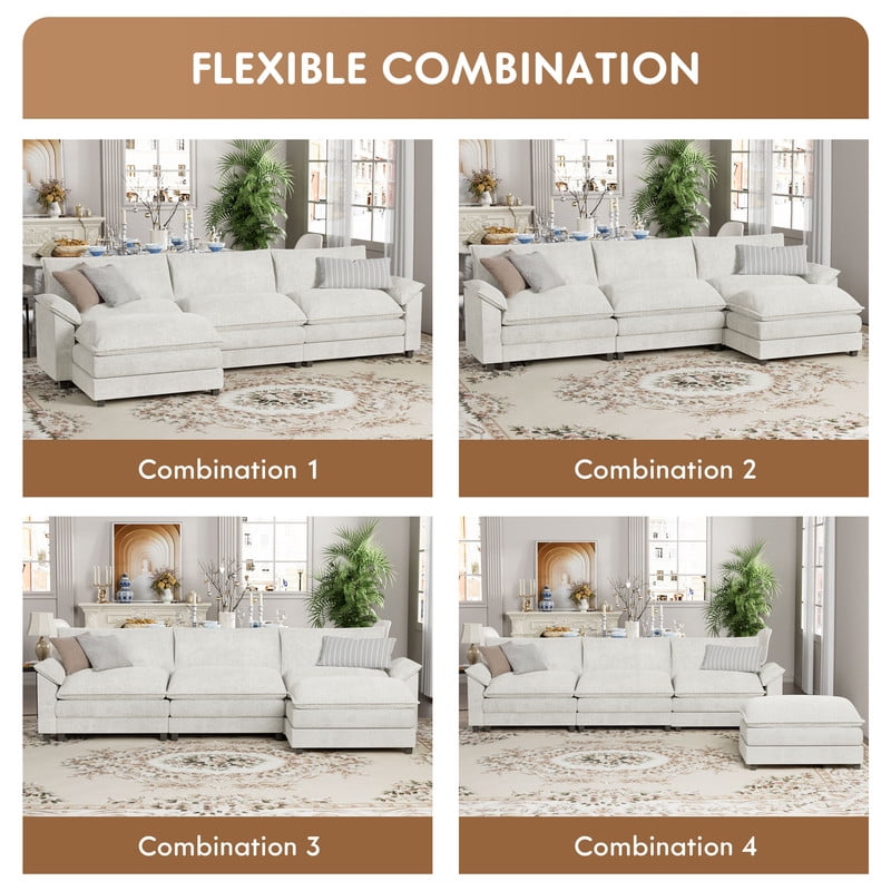 Furmax Sectional Sofa with 2 Movable Ottomans for Living Room, Fabric Convertible Modular Couch