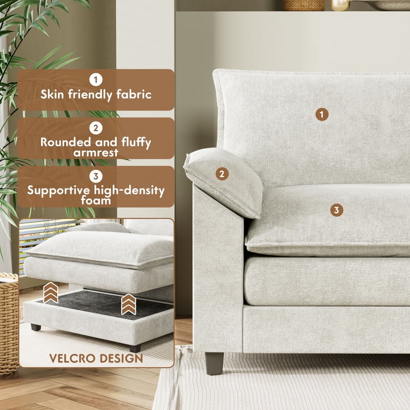 Furmax Sectional Sofa with 2 Movable Ottomans for Living Room, Fabric Convertible Modular Couch