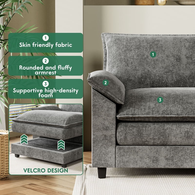 Furmax Sectional Sofa with 2 Movable Ottomans for Living Room, Fabric Convertible Modular Couch