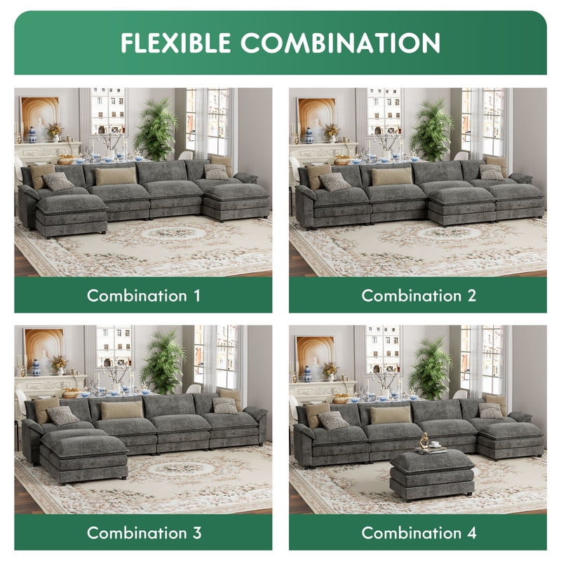 Furmax Sectional Sofa with 2 Movable Ottomans for Living Room, Fabric Convertible Modular Couch