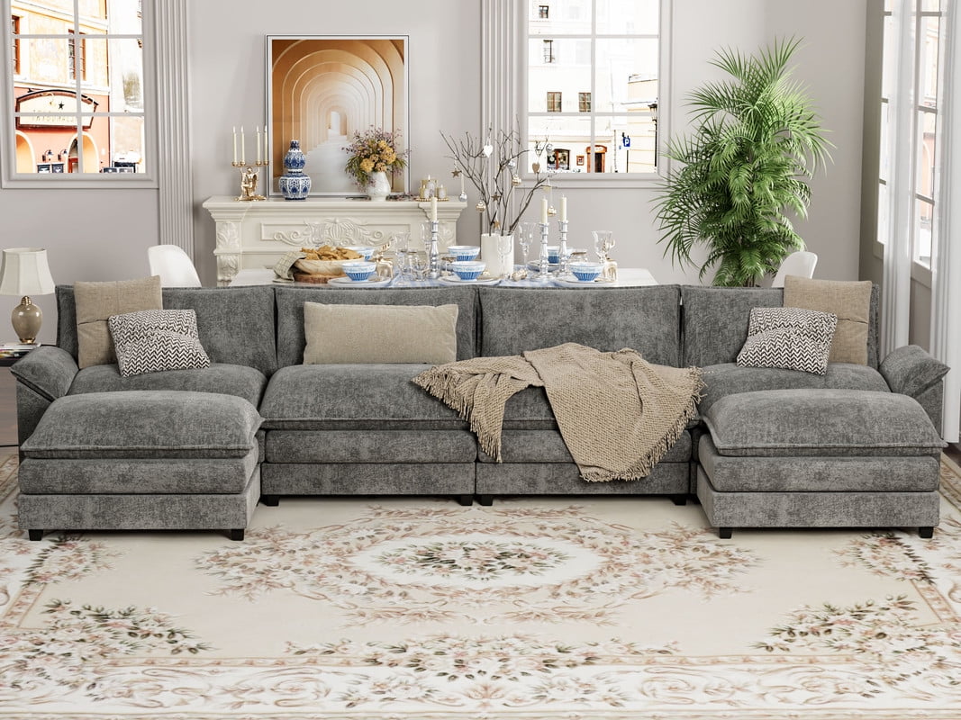 Furmax Sectional Sofa with 2 Movable Ottomans for Living Room, Fabric Convertible Modular Couch