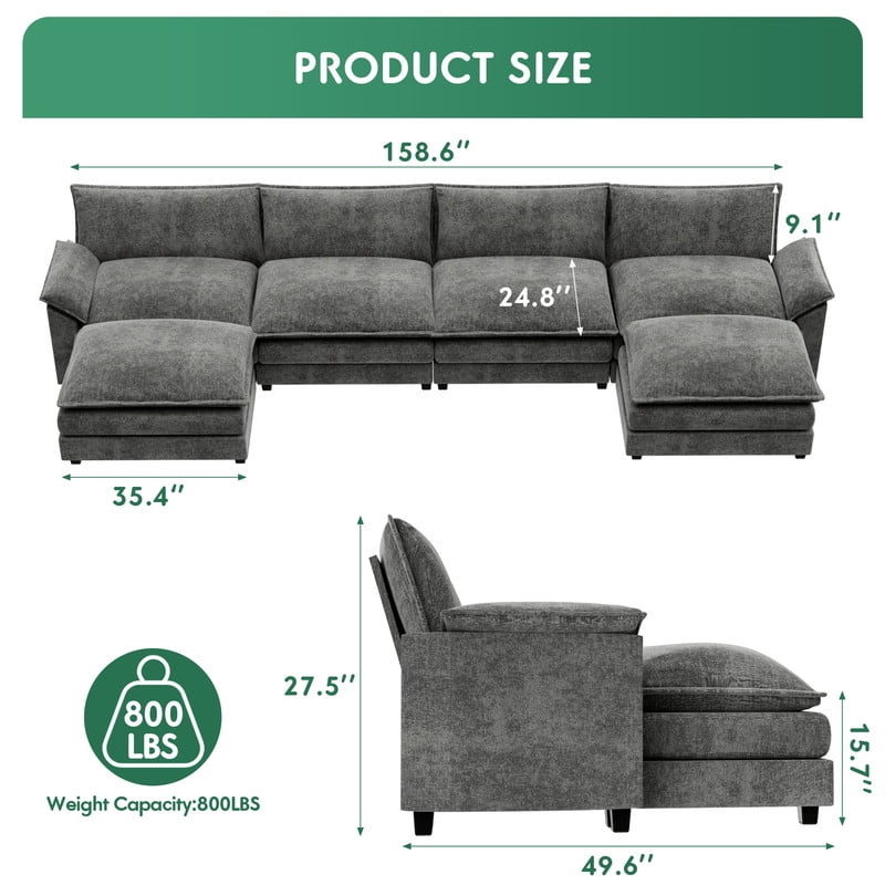 Furmax Sectional Sofa with 2 Movable Ottomans for Living Room, Fabric Convertible Modular Couch