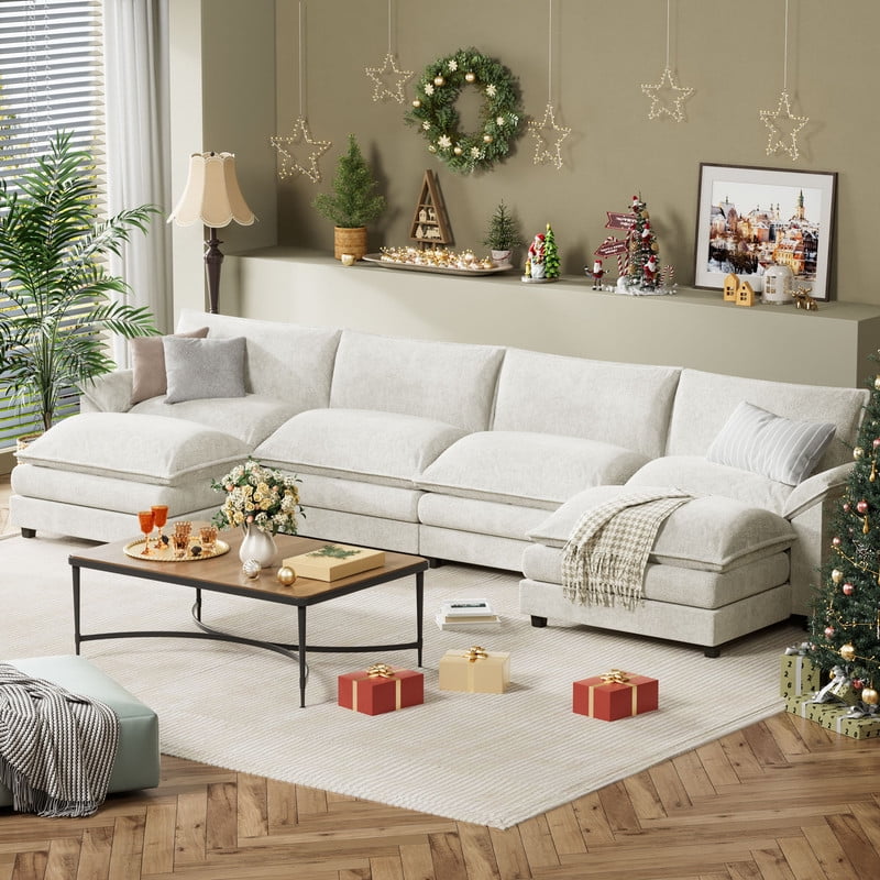 Furmax Sectional Sofa with 2 Movable Ottomans for Living Room, Fabric Convertible Modular Couch