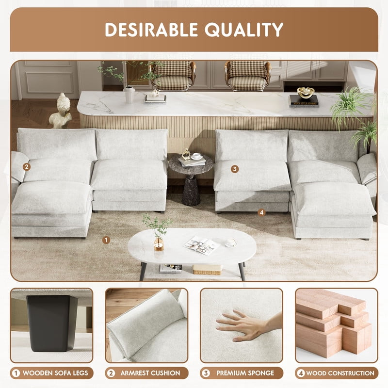 Furmax Sectional Sofa with 2 Movable Ottomans for Living Room, Fabric Convertible Modular Couch