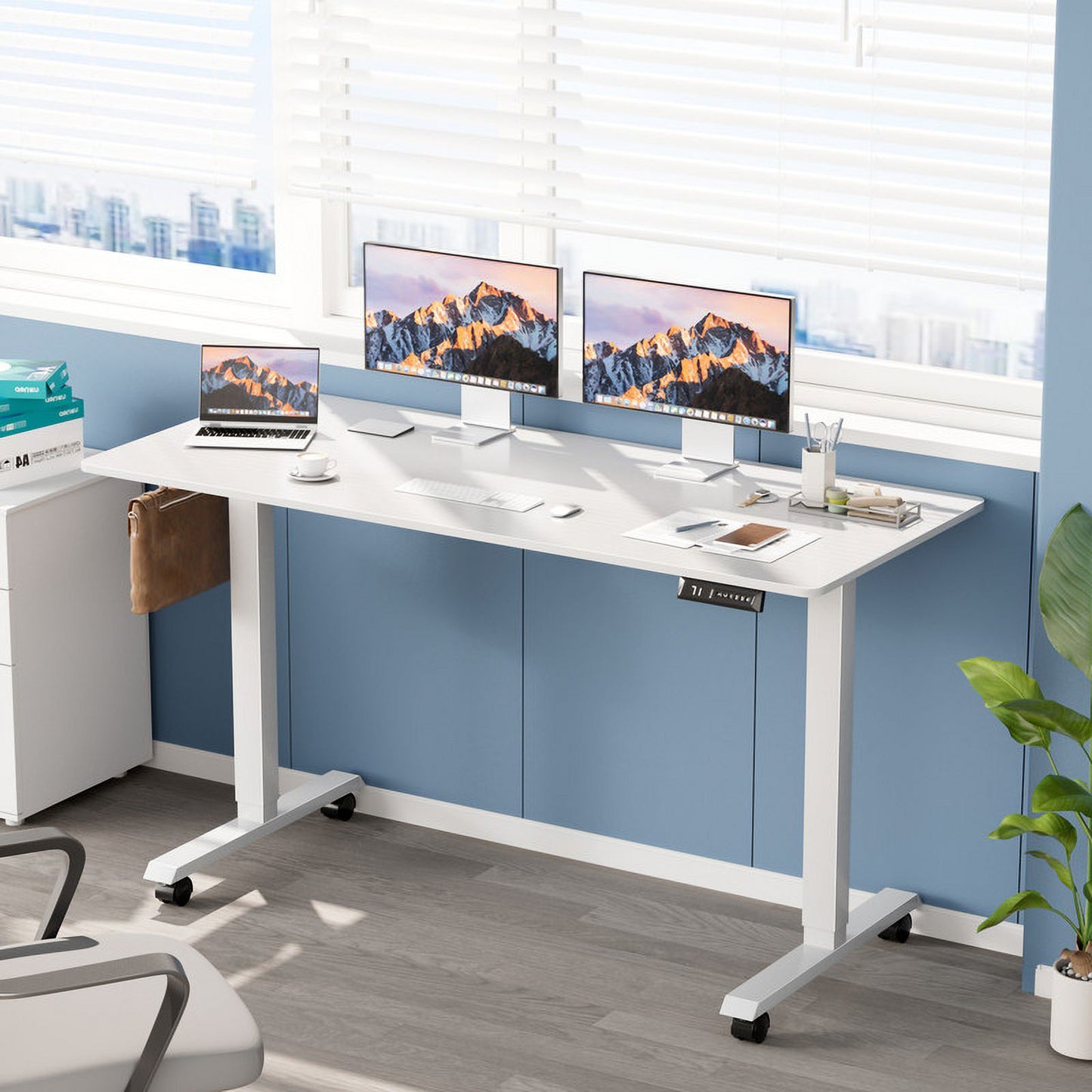 Furmax Height Adjustable Standing Desk with Locking Wheels Ergonomic Stand up Desk with Memory Preset
