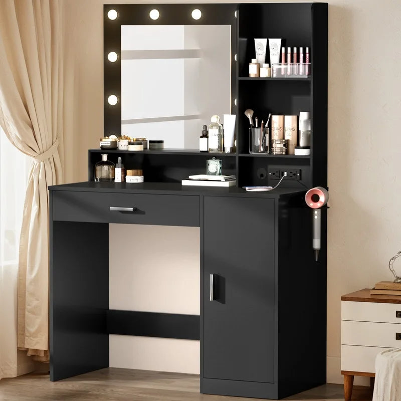 Furmax Vanity Desk with Lights and Mirror Makeup Vanity Table Set with Cabinet and Power Outlet,