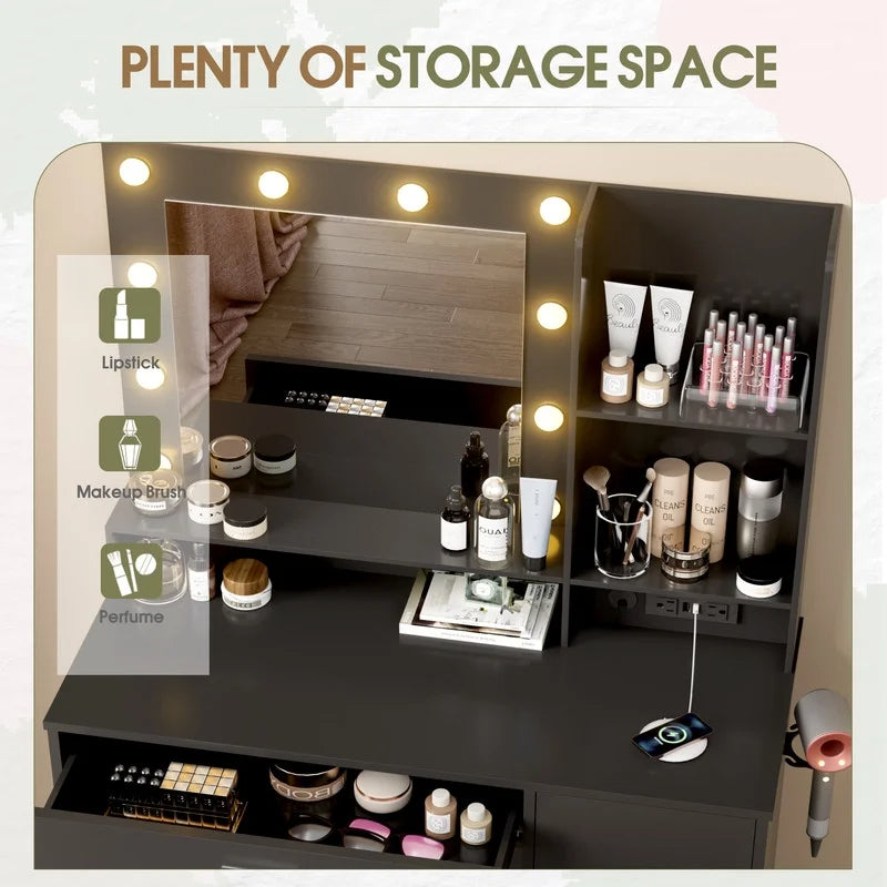Furmax Vanity Desk with Lights and Mirror Makeup Vanity Table Set with Cabinet and Power Outlet,