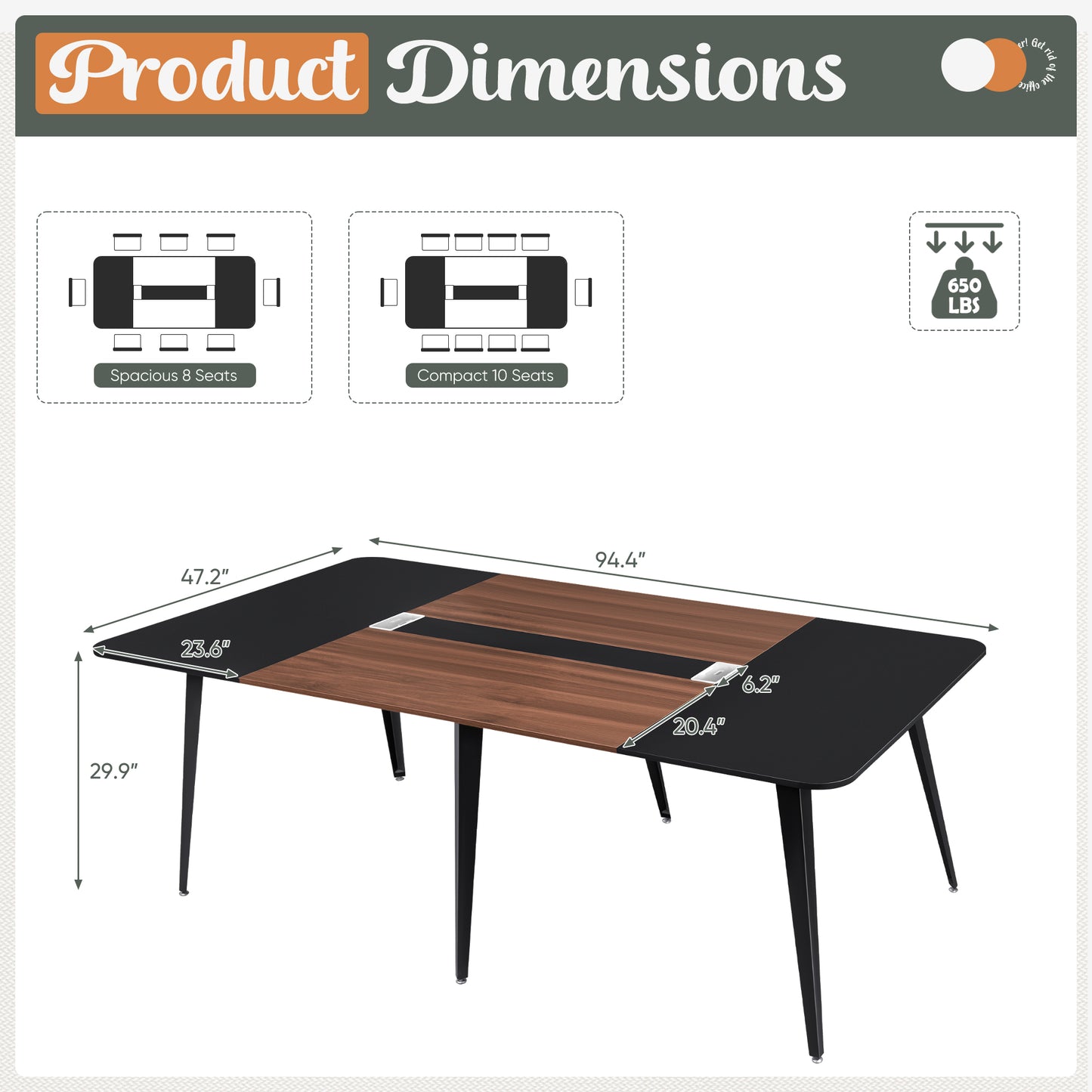 Furmax 8FT Conference Table for 10 People, 94.49L x 47.24W x 29.92H Inches Large Meeting Table with Cable Grommets, Modern Seminar Boardroom Table for Office Conference Room, Brown