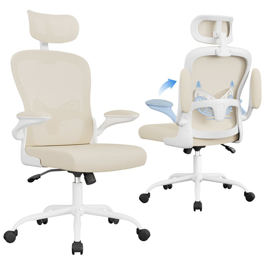 Furmax High Back Office Chair Ergonomic Mesh Chair with Adjustable Padded Headrest and Flip up Armrest, Beige