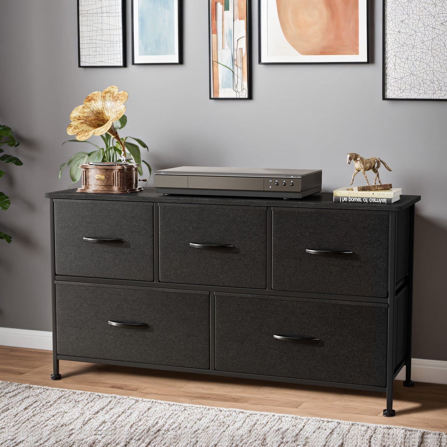 Furmax Fabric Dresser with 5 Drawers Bedroom Furniture Large Dresser Tall Chest of Drawers with Wood Top and Metal Frame for Living Room Closet