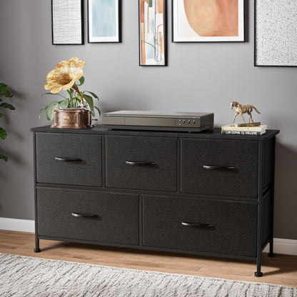 Furmax Fabric Dresser with 5 Drawers Bedroom Furniture Large Dresser Tall Chest of Drawers with Wood Top and Metal Frame for Living Room Closet