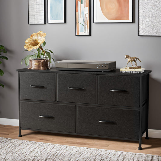 Furmax Fabric Dresser with 5 Drawers Bedroom Furniture Large Dresser Tall Chest of Drawers with Wood Top and Metal Frame for Living Room Closet
