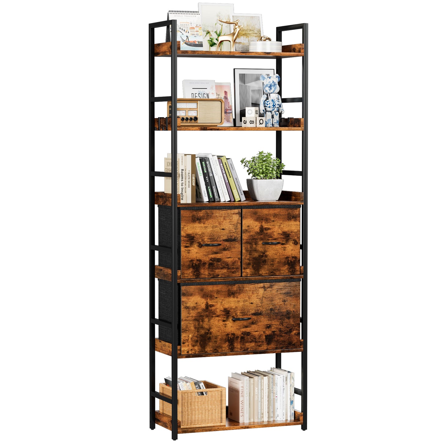 Furmax 6 Tier Ladder Bookshelf with Adjustable Drawers, Open Bookcase Storage Organizer